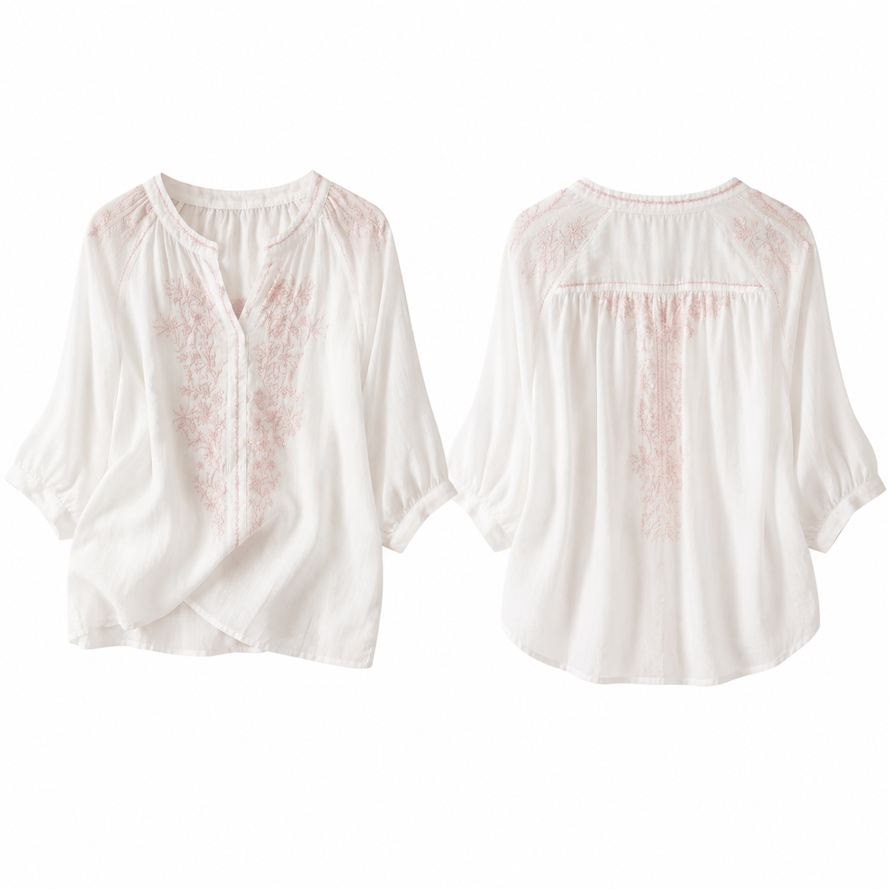 Pink and White Floral Embroidered 3/4 Sleeve Peasant Blouse